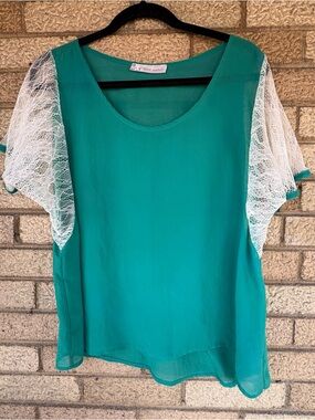 Love Notes Teal Green Blouse with White Lace Sleeves